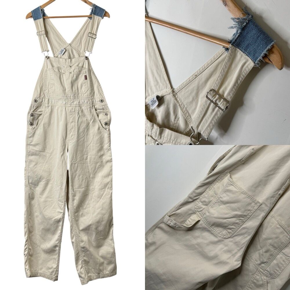 VTG Jordache Carpenter Bib Overalls Womens M 90s Y2K Beige Denim Patch Baggy